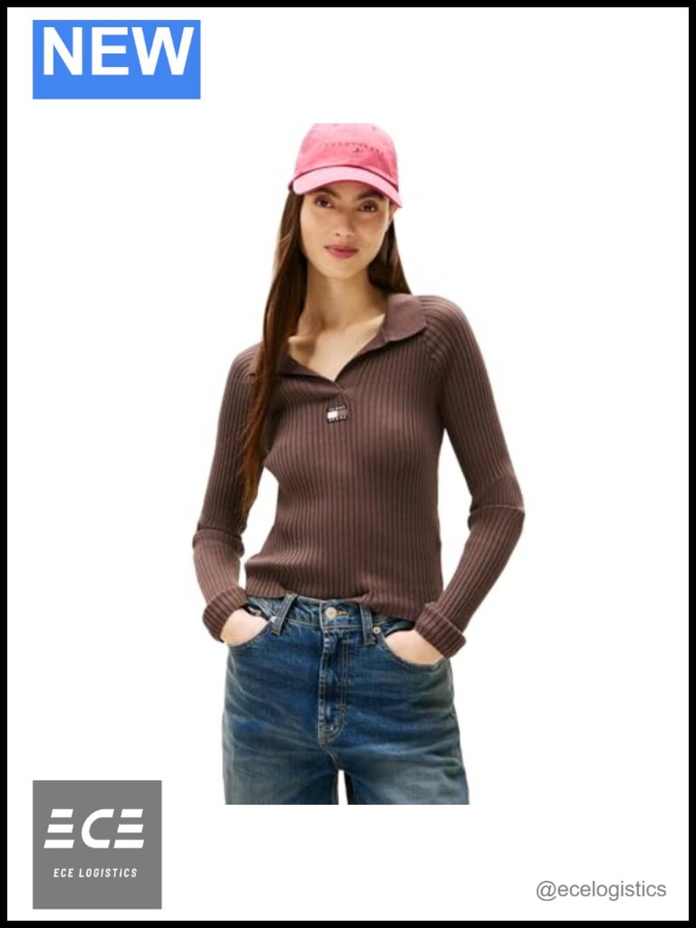 Women's Ribbed Long Sleeve Collared Polo Sweater Slim Fit Pullover